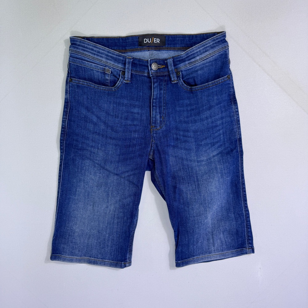 DU/ER Mens 29 (30x12) Performance Denim Shorts Blue Medium Wash Stretch Coolmax